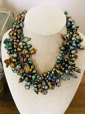 Vintage Peacock Baroque Freshwater Pearls Statement Necklace 18"